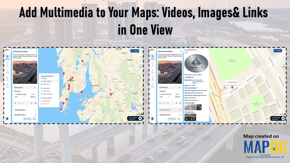 Interactive map created on MAPOG showing how to add multimedia to your maps, with embedded videos, images, and links displayed in popups.