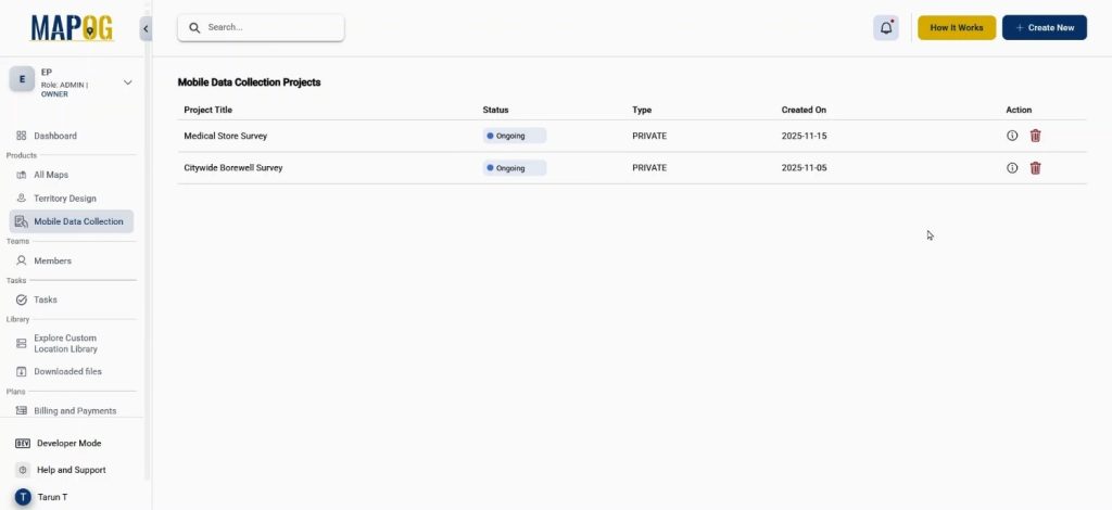 A dashboard containing Mobile Data Collection options for the Maintain Your Customers workflow.