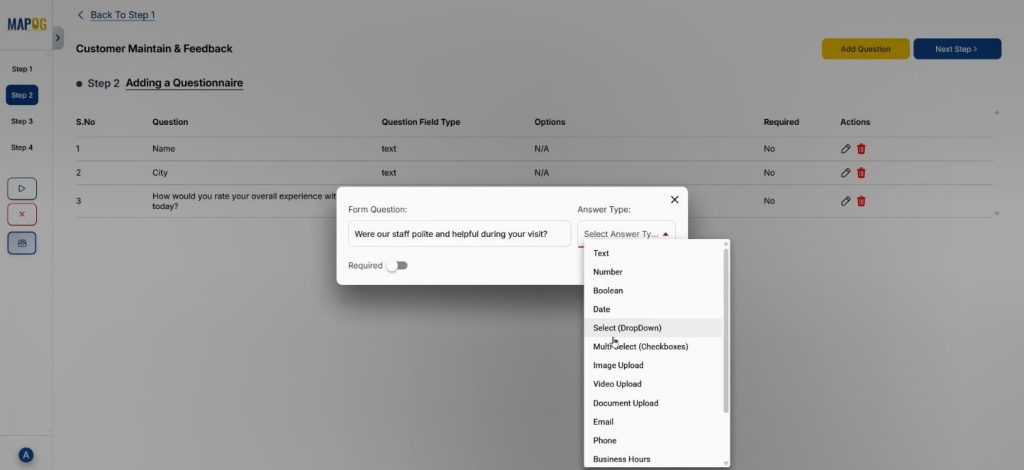 A question builder interface containing survey fields for Maintain Your Customers feedback.