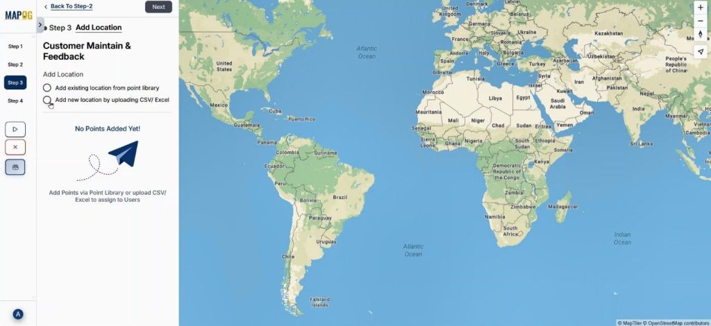 An upload window displaying CSV/Excel import options for Maintain Your Customers mapping.