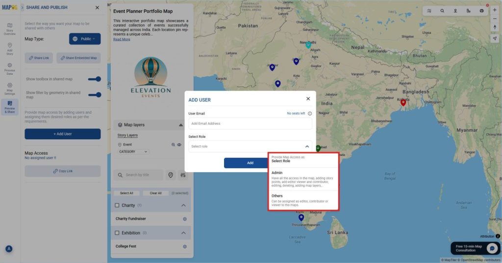 Assigning user roles and access levels for private map collaboration