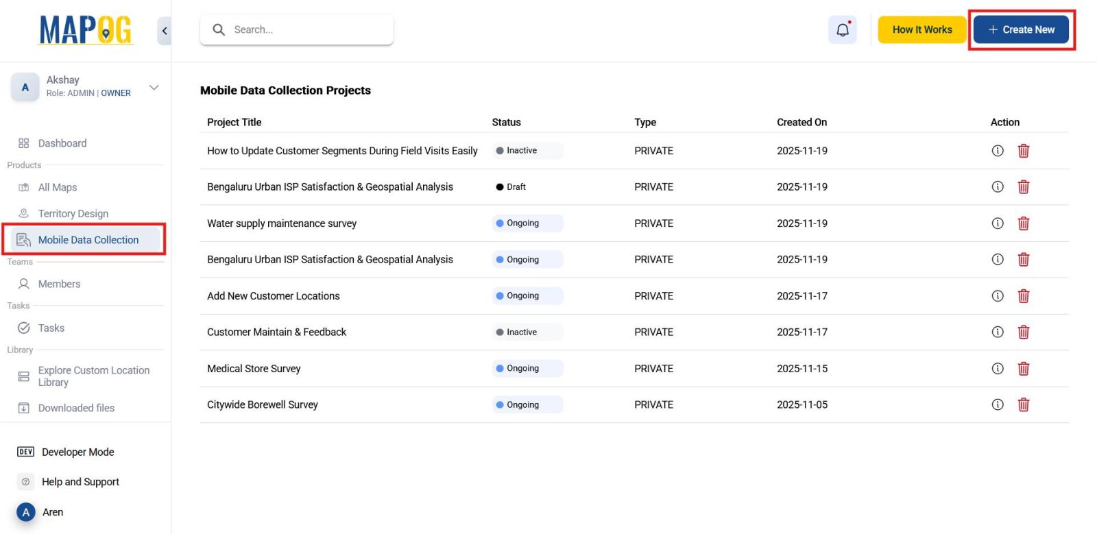 Dashboard showing Mobile Data Collection section with option to create new  for survey project.