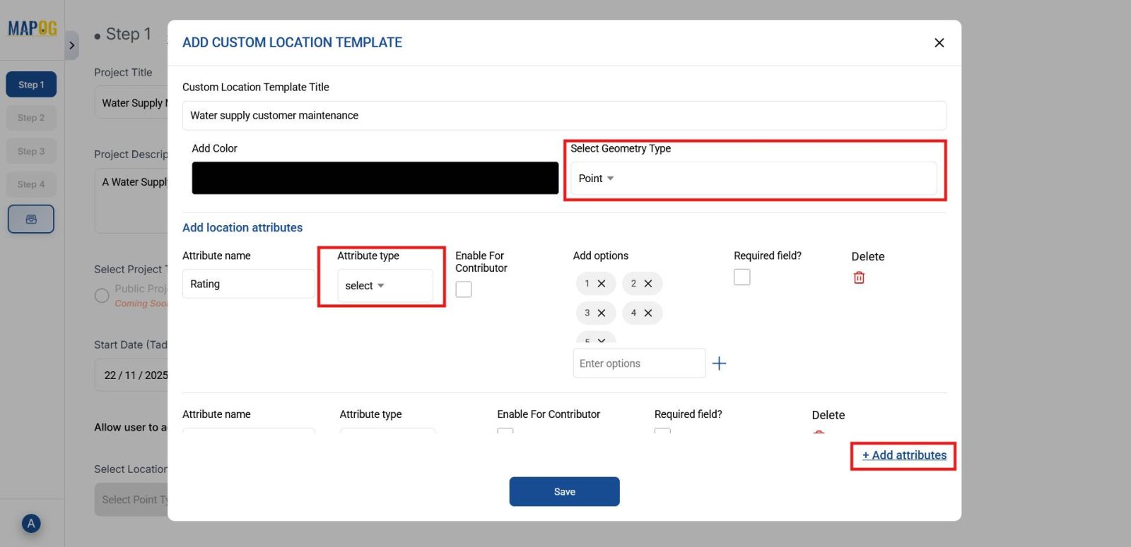 Survey setup screen where user adds title, description, and point‑based location type with attributes for filtering customer points