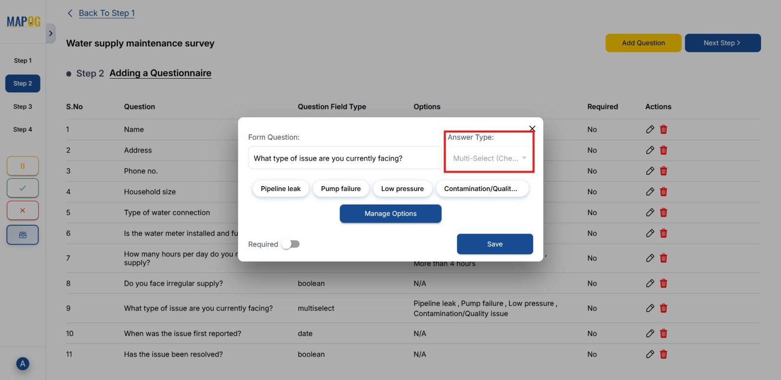 Adding question in the interface. Fields like name, address, connection type, and issue options to structure survey for providing maintenance to customers.