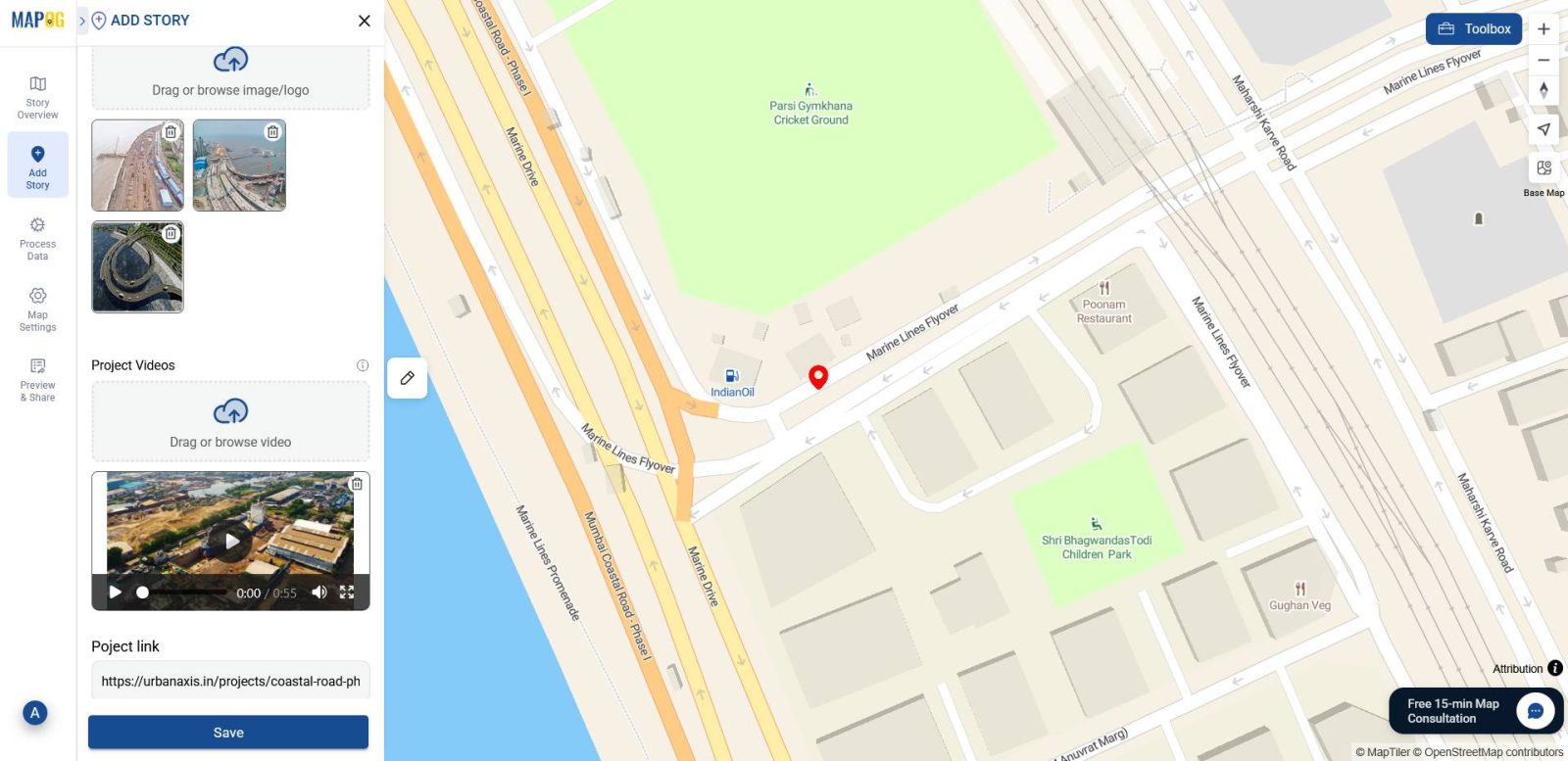 Interface shows uploading images, videos, and links for each mapped location.