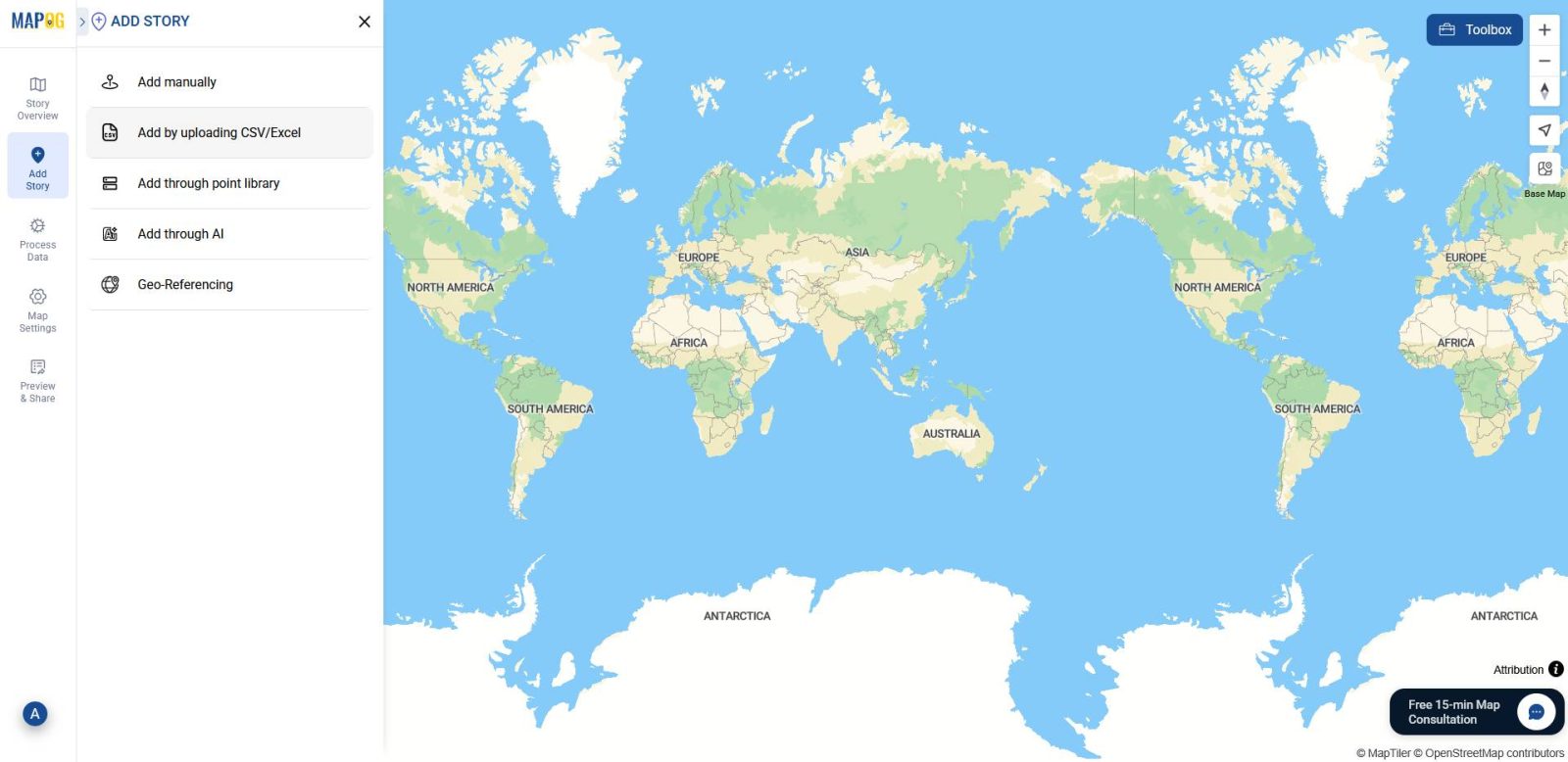 Shows the “Add Story” section where users begin to add multimedia to your maps by uploading a CSV or Excel file.