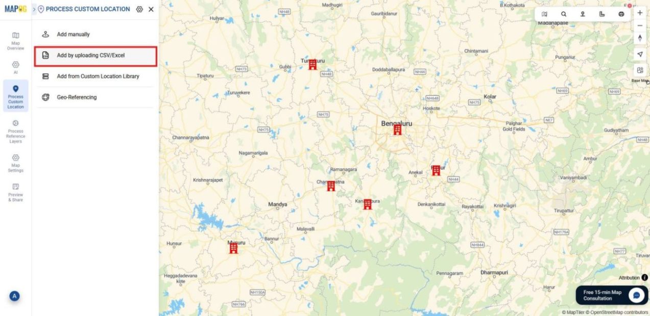 Interface showing branch Location Map and CSV/Excel upload option.