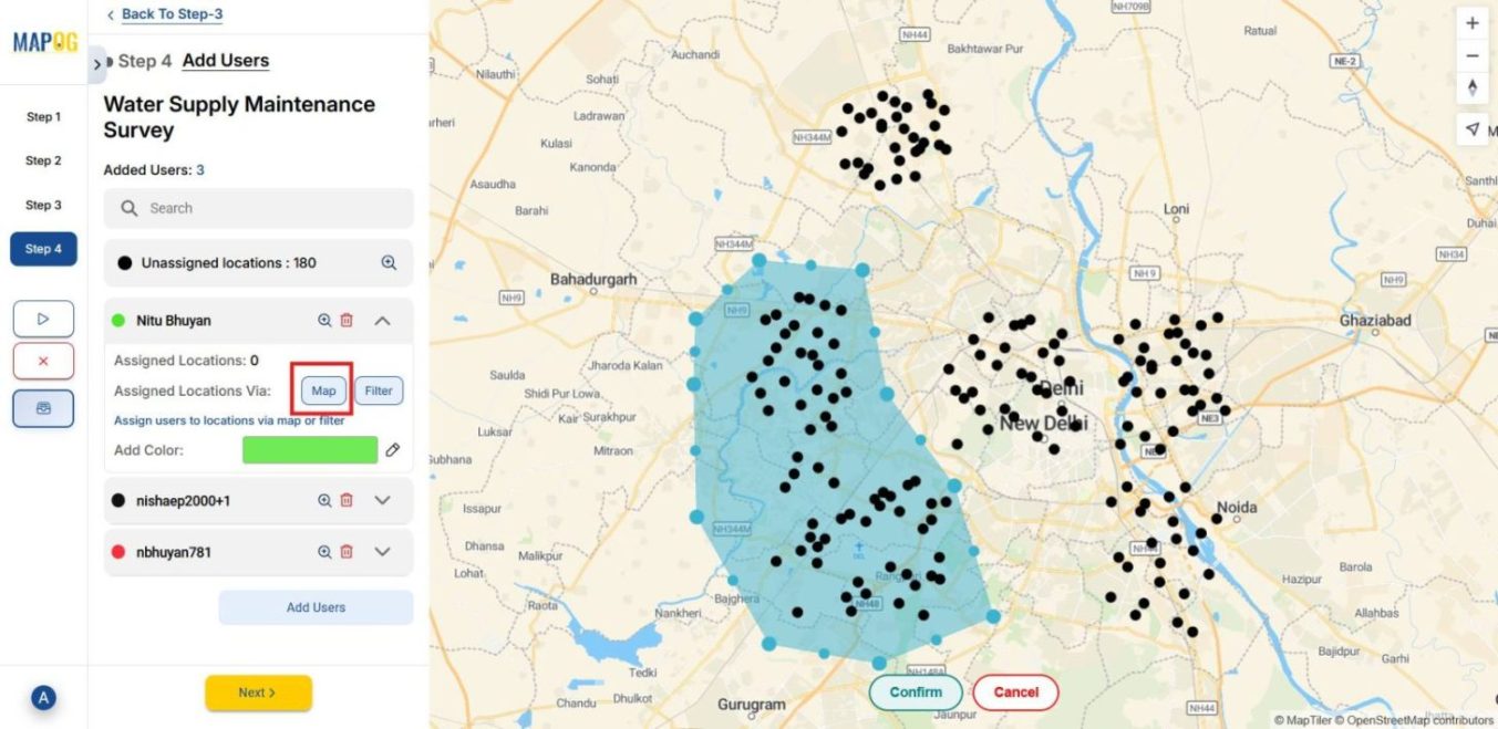 Map view with polygons drawn to assign survey points to members, color‑coded zones for clarity, ensuring teams provide maintenance to customers efficiently.