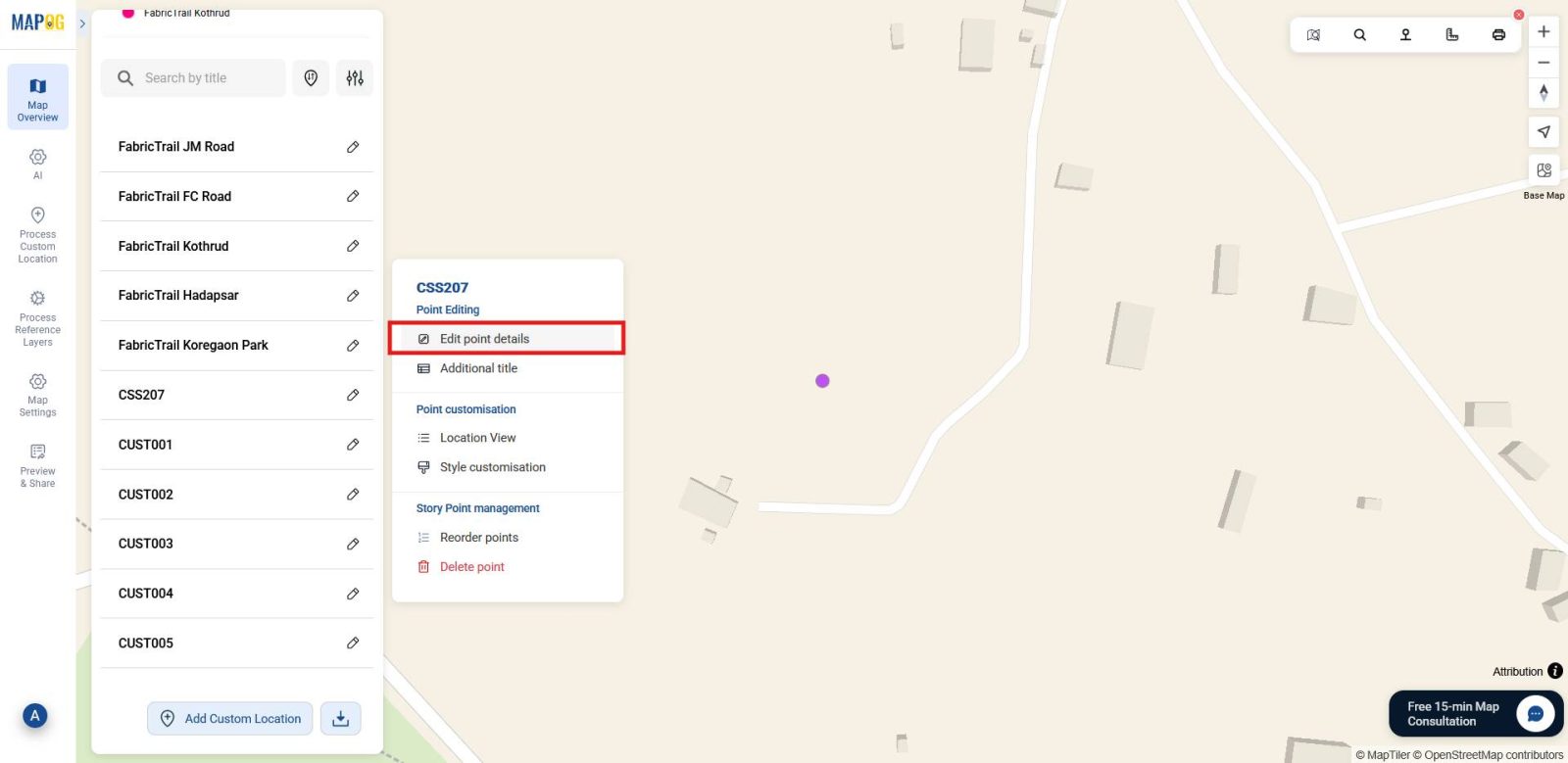 selecting edit point details to change or add attributes