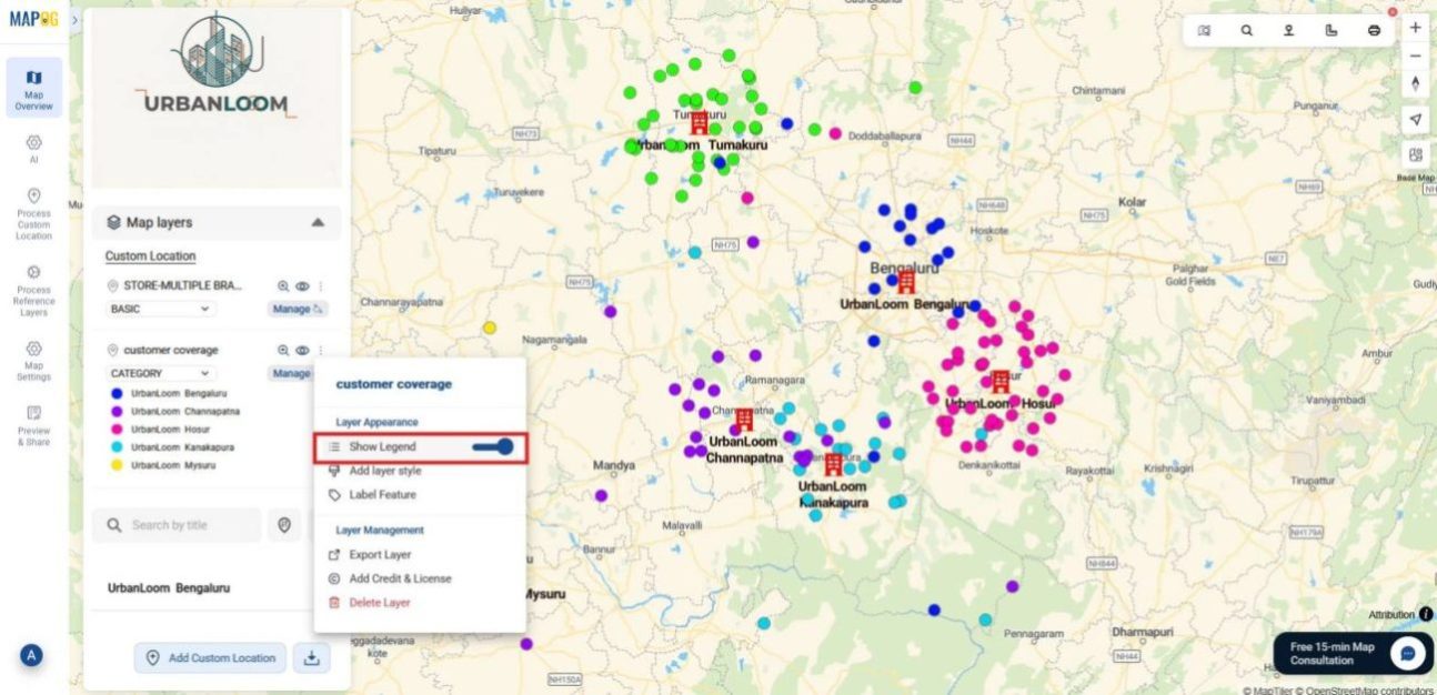 Customer Layer Panel with legend enabled, showing branch color codes to help compare customer coverage at a glance.