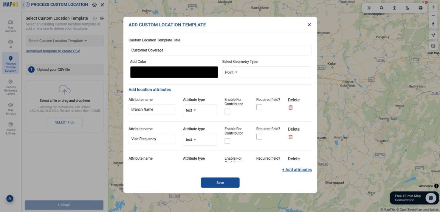 Custom location template showing fields for Branch Name, Visit Frequency, and Purchase Amount.