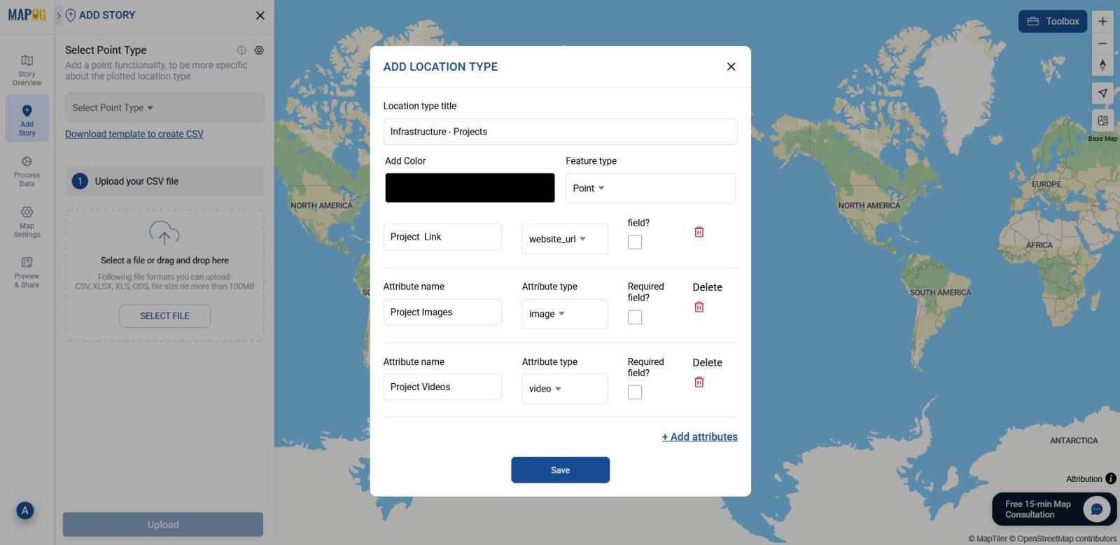 Shows to add multimedia to your maps by selecting attributes like image, video, and website URL.