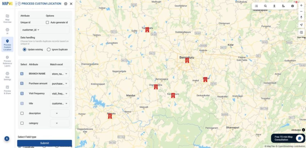 Interface showing Attribute matching  with excel columns aligned to customer data fields