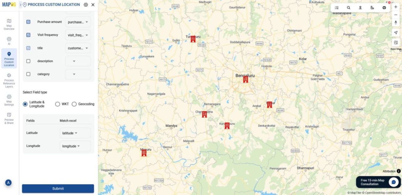 Interface showing selecting coordinates for placements of customer points