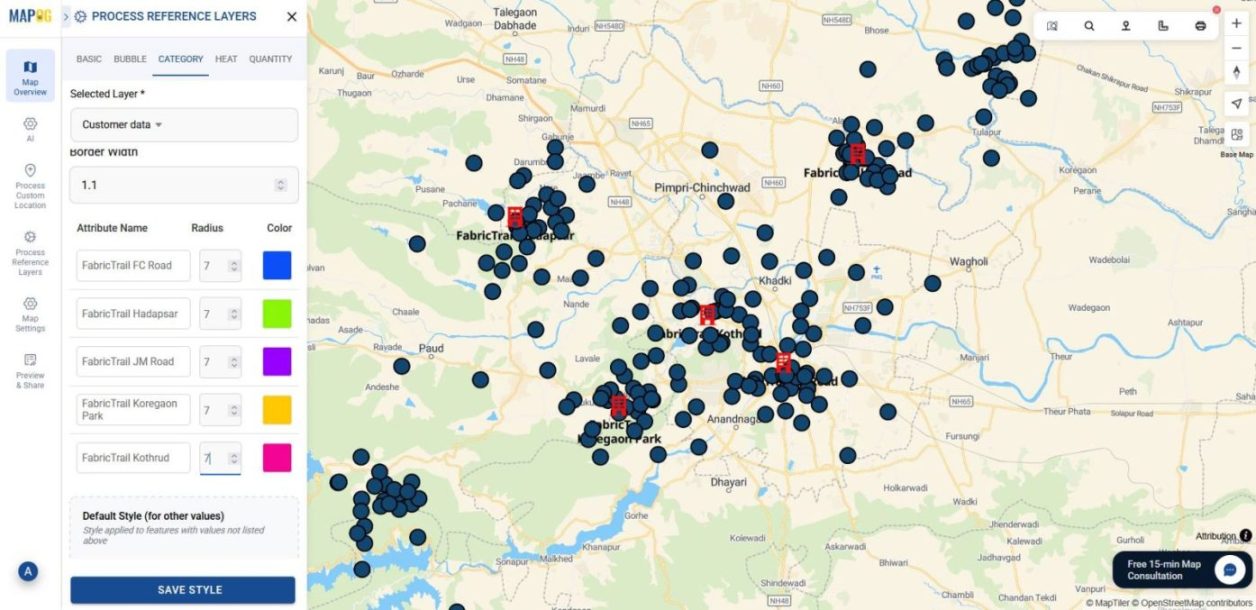 Styling customer data to visualize map based insights by branch and density.