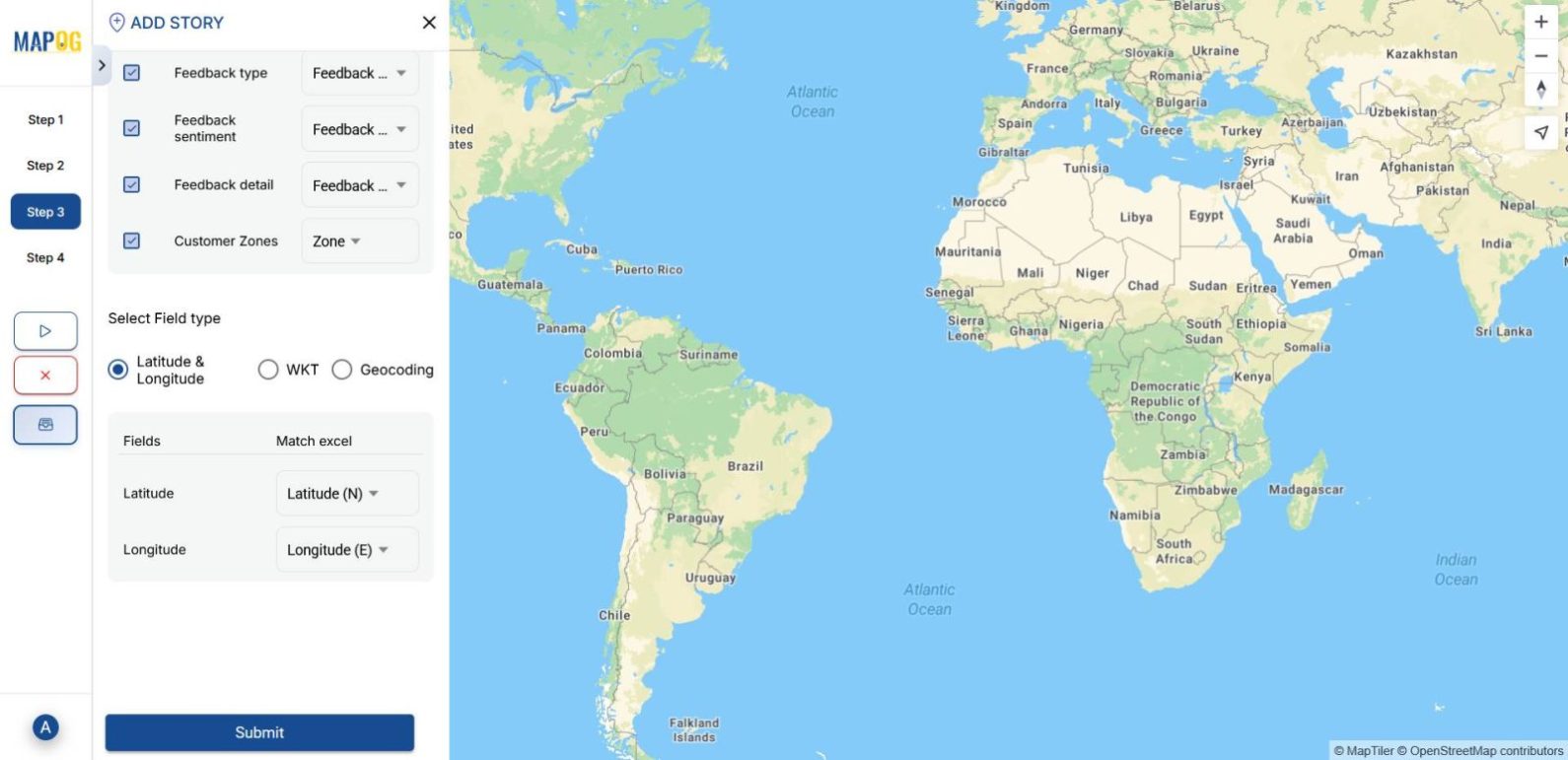 selecting coordinates to place customer points on the map for area‑wise maintenance planning.