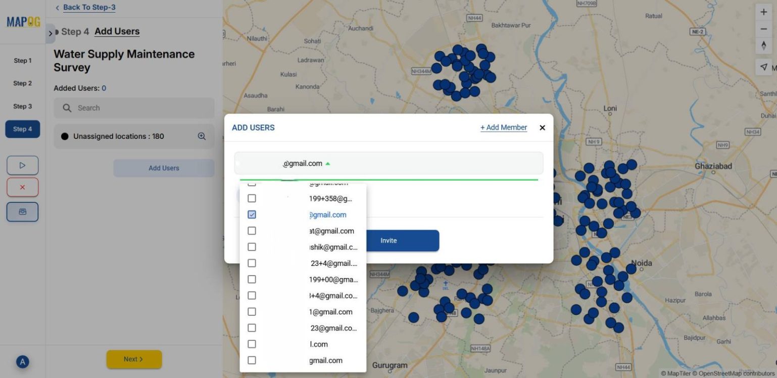 Shows selecting members from the drop down and inviting them.