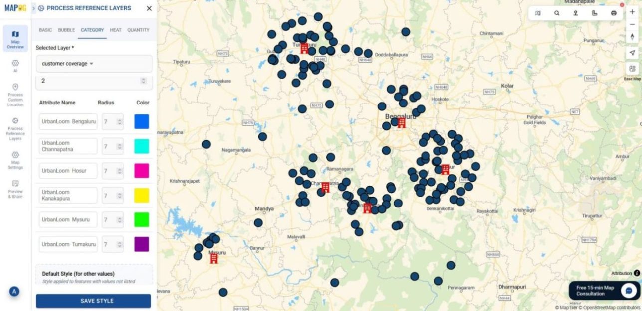 Shows branch-based color coding and point size controls to visually compare customer coverage.