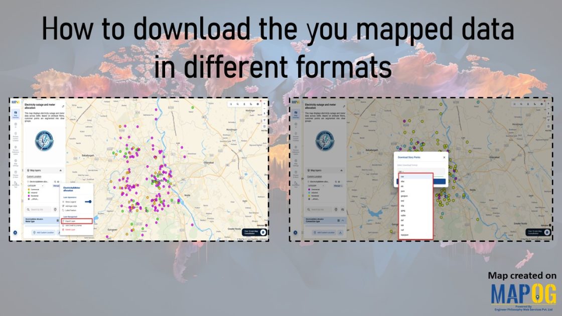 Interface showing how to download the you mapped data in different formats and different ways.