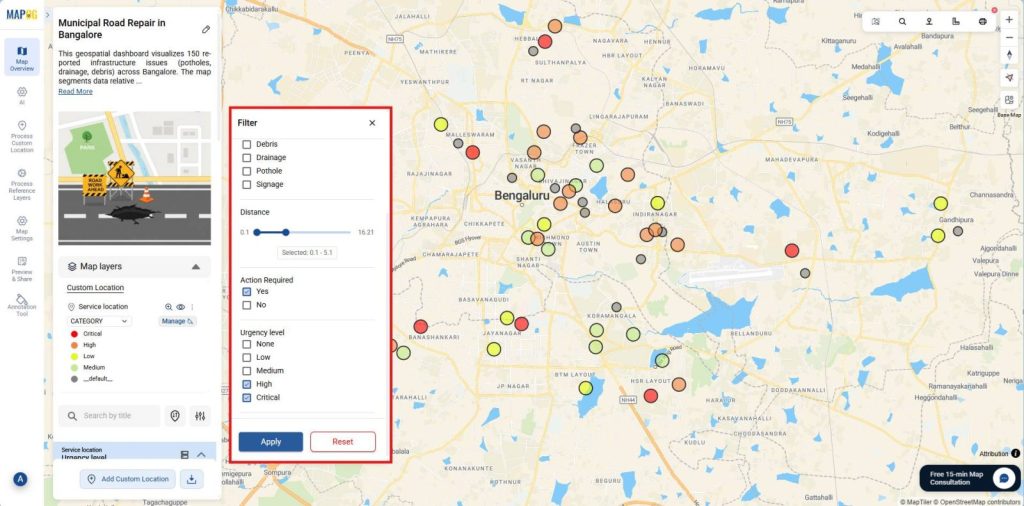 Process of applying filter to show only the locations that need action within 5 km radius.