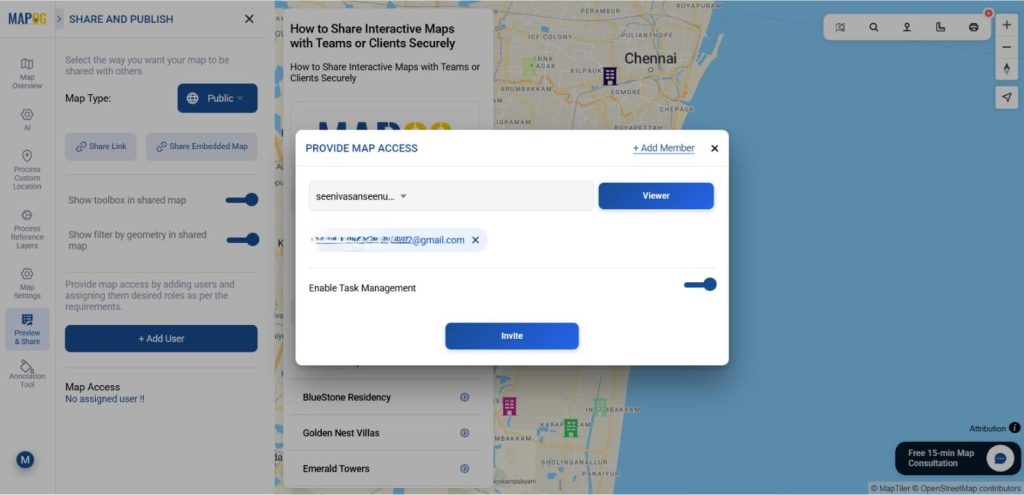 Give invite mail to Share Interactive Maps with teams
