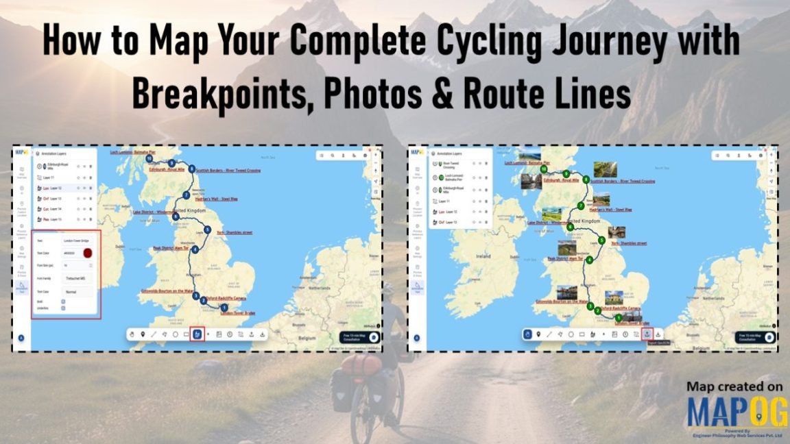 Map interface showing cycling route across the UK with breakpoints, photos, and text annotations.