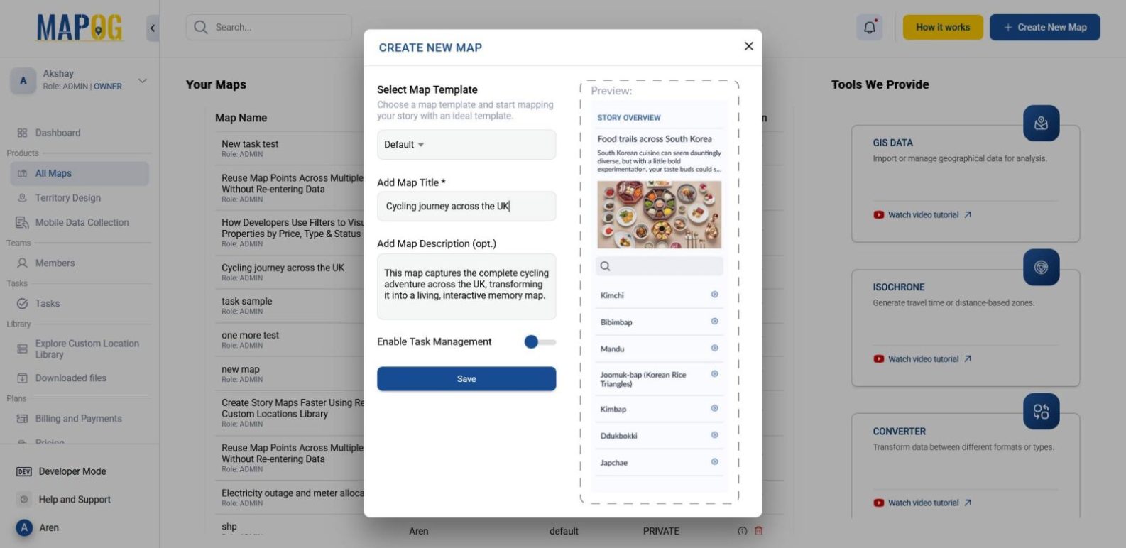 Interface showing how to create a new map with title and description to map your complete cycling journey.”
