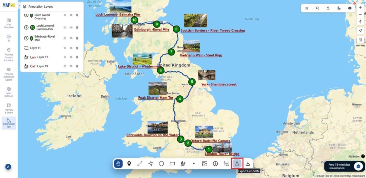 Shows final cycling journey map. Ready to be shared online or export as GeoJSON.