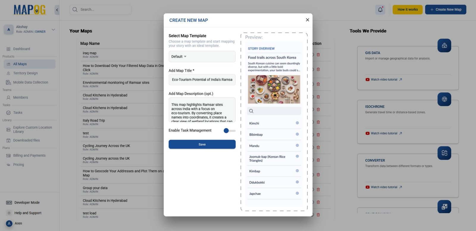 create new map Interface showing how to start a new project to convert place names into coordinates.