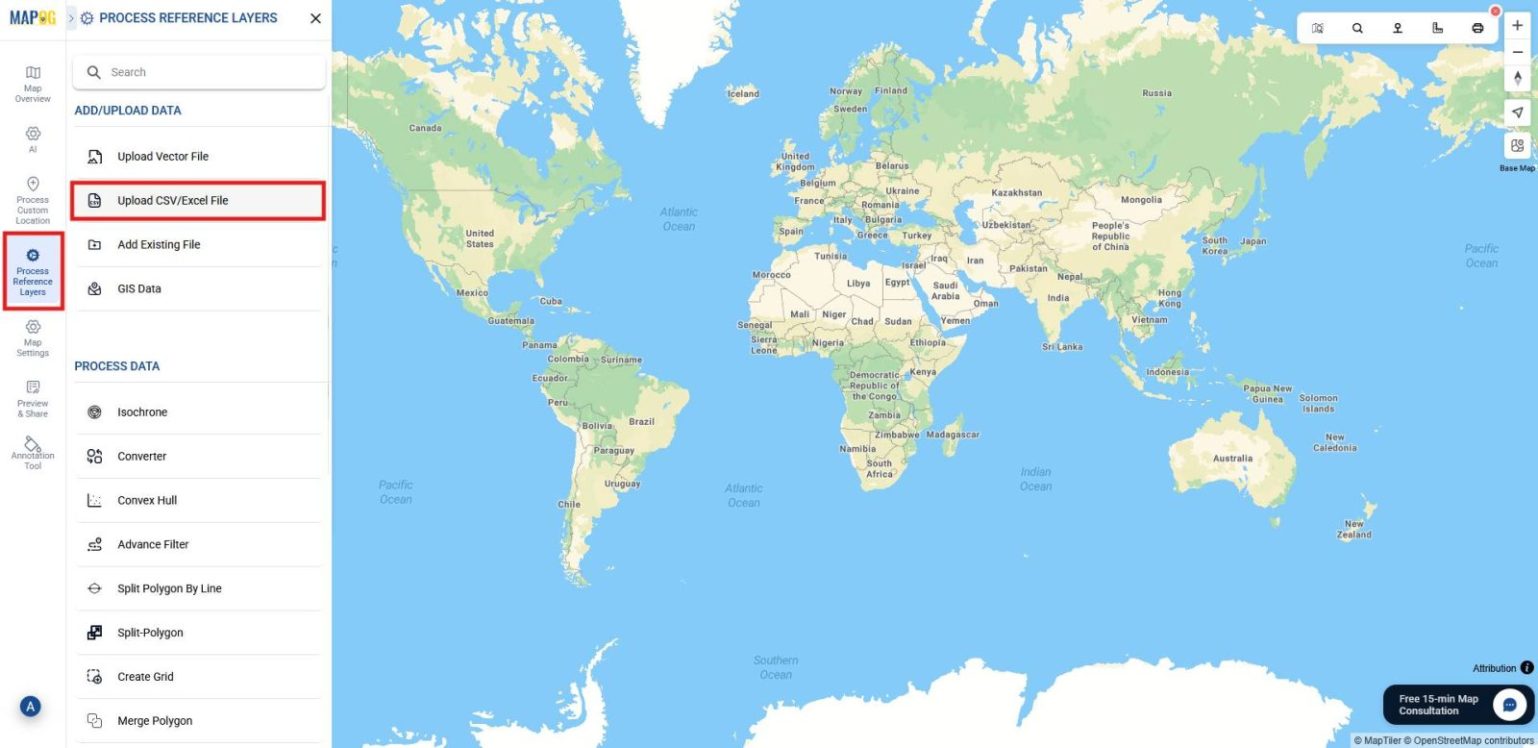 upload csv/excel Shows CSV/Excel upload option, where users import files to convert place names into coordinates.