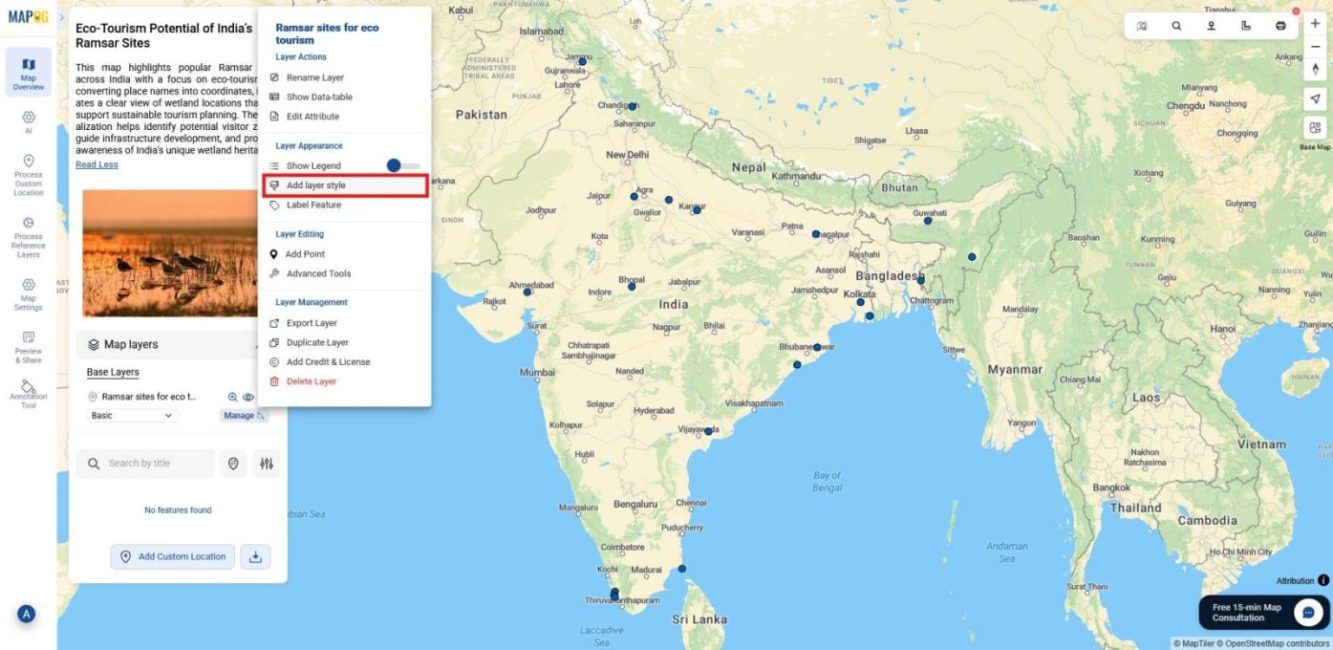 layer style Shows selecting add layer style in the layer panel in order to enhance visualization of points.