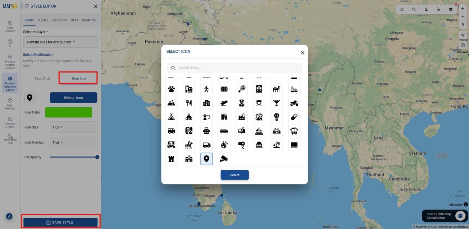 select icon Shows selecting point icon and icon color according to the preference.