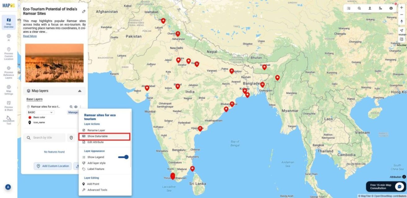 Show data table Layer Panel showing the show data table option.