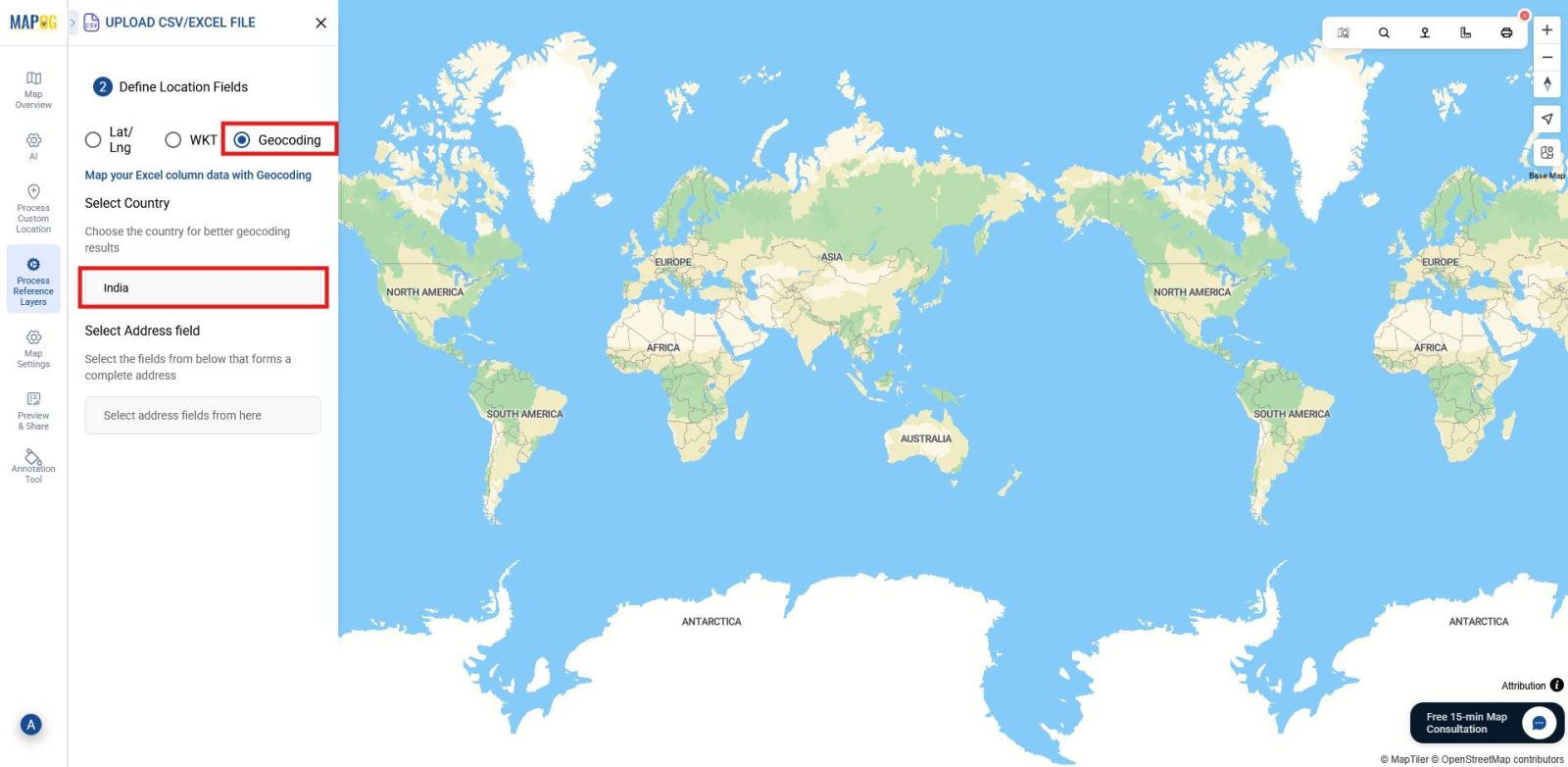 geocoding Shows choosing geocoding option as location field and select desired country
