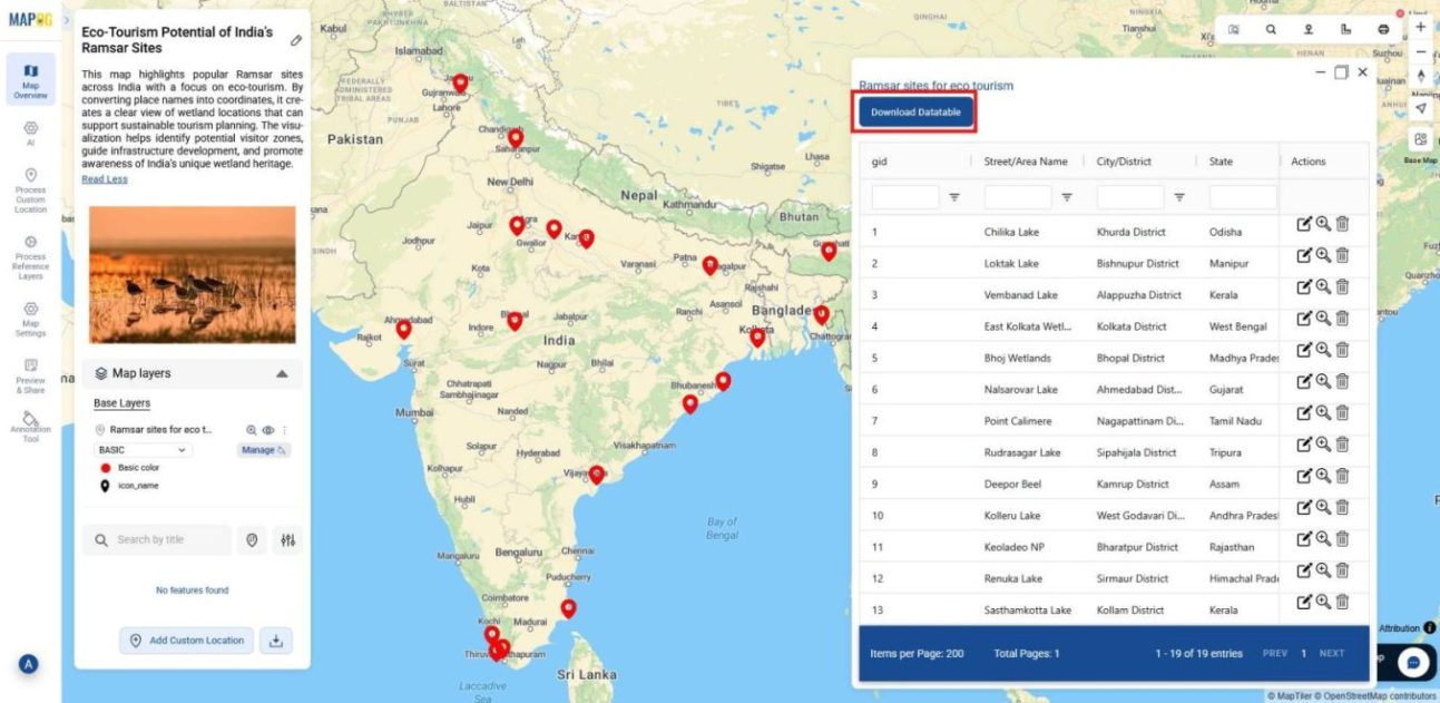 download data table Shows data table with names, addresses etc and Download Data Table option, used to export datasets after converting place names into coordinates for projects and analysis.