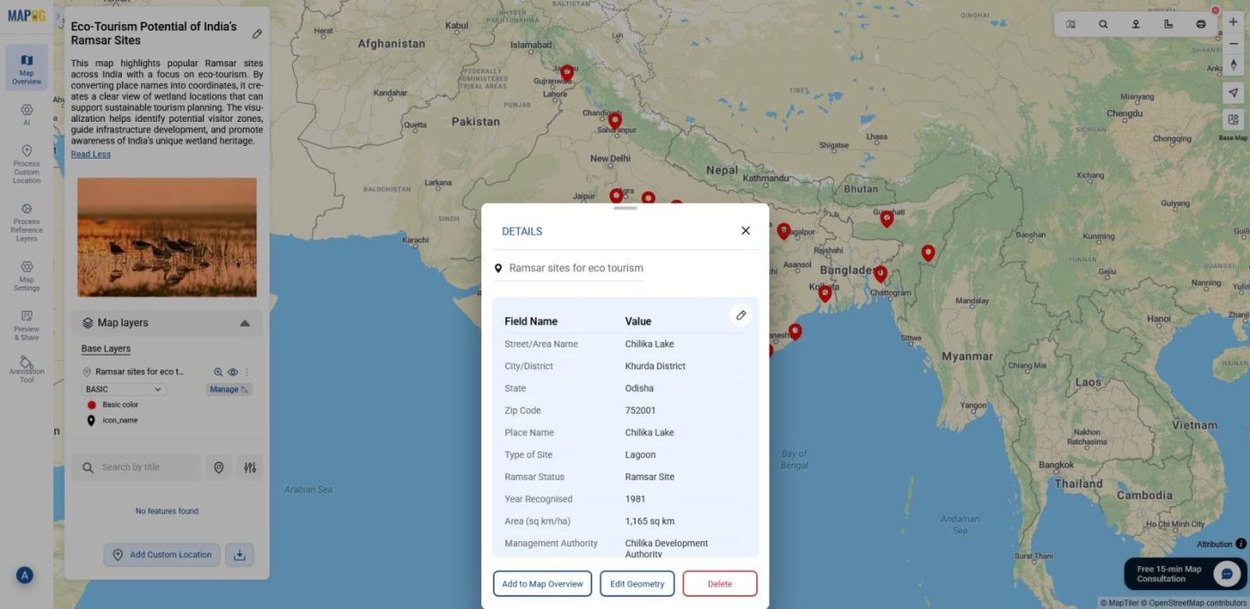 final output Final visualization of pop details of each point containing all the information along with geocoded latitude and longitude.