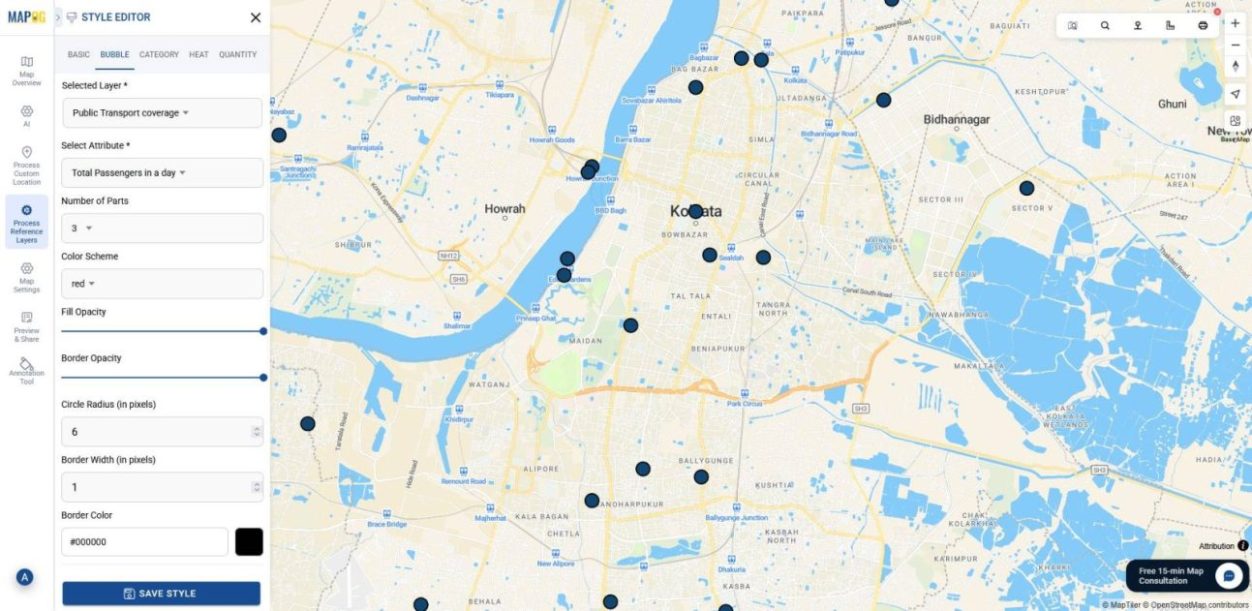 Settings panel for Bubble Map where attributes, parts, color scheme, are set as a different styling option on a map