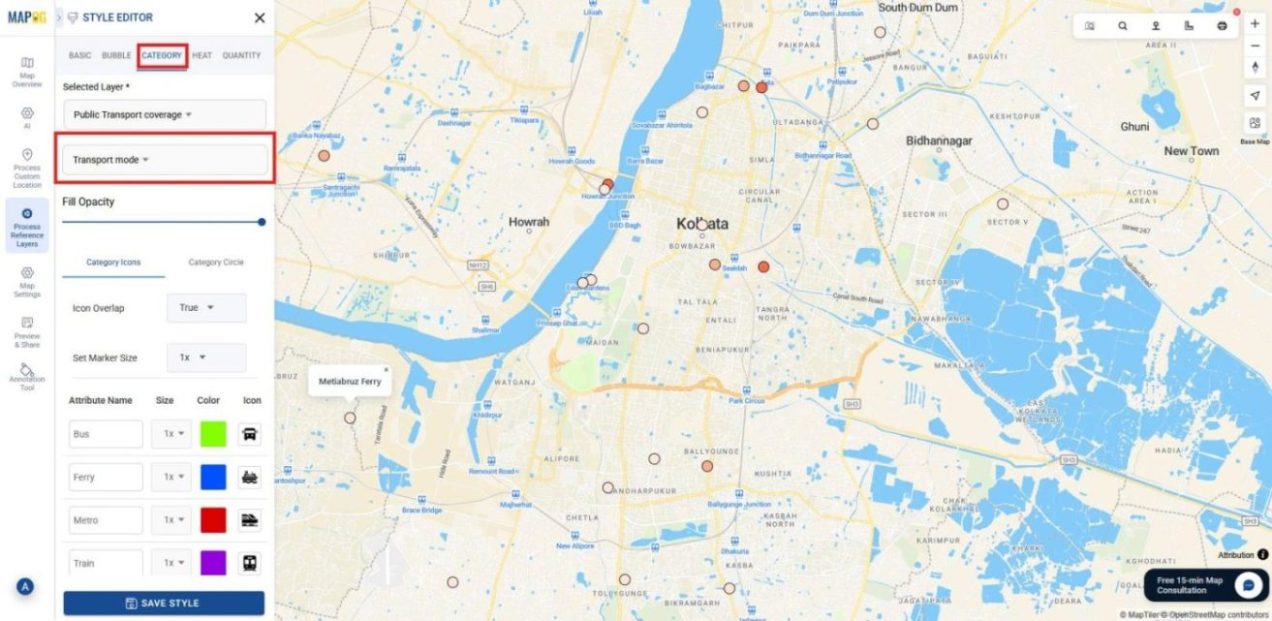 Settings panel for Category Map where attributes are assigned distinct colors and icons, demonstrating a different styling option on a map.