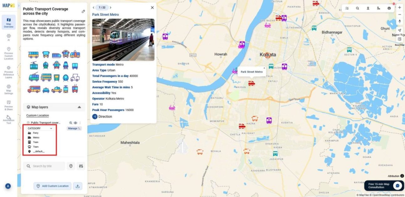 Map visualization with stops colored and icon‑coded by transport mode, making diversity visible.
