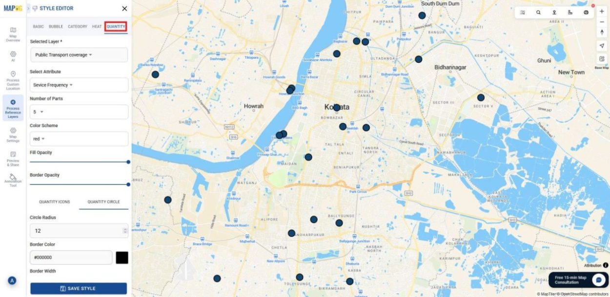 Settings panel for Quantity Map where service frequency is divided into ranges with chosen colors, opacity, and radius.