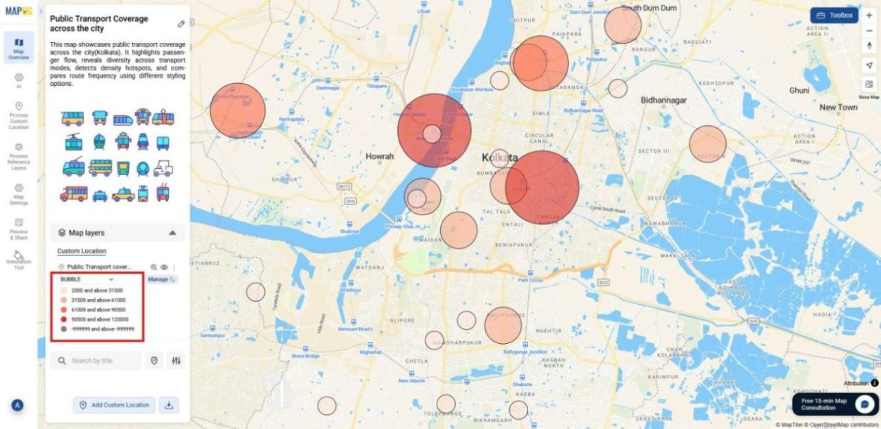 Map visualization with bubbles sized by passenger counts, clearly showing demand levels as a different styling option on a map.