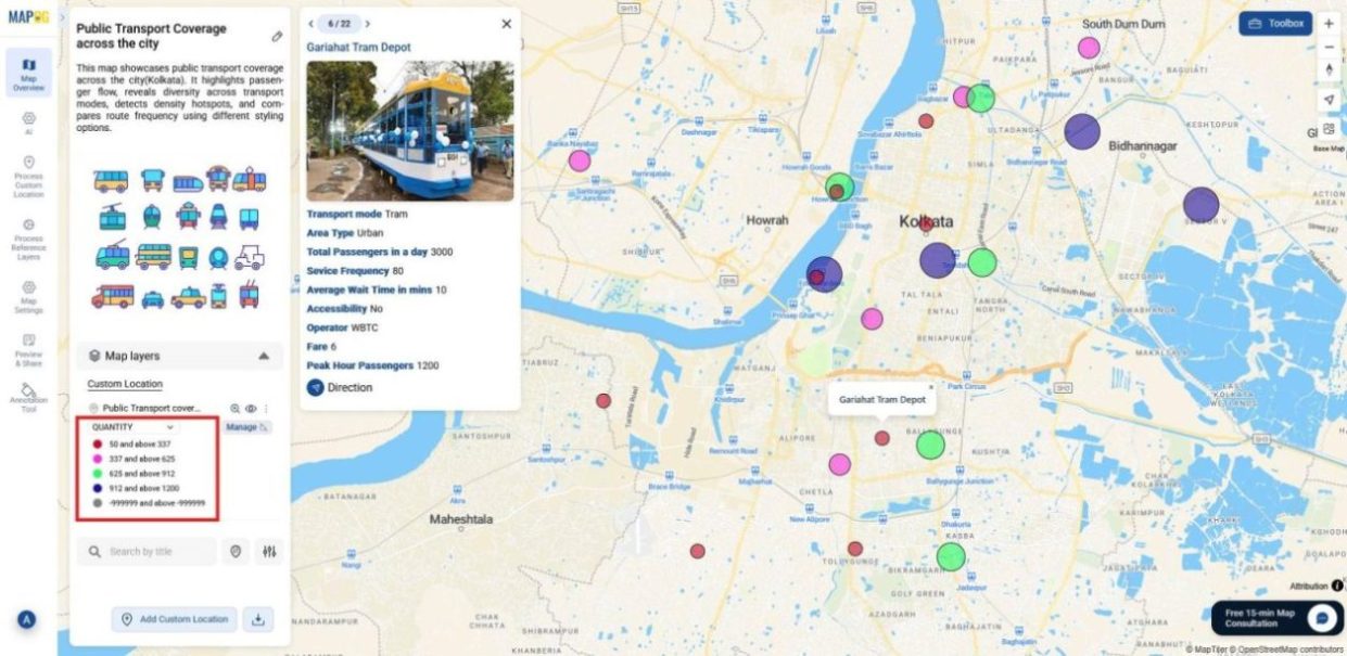 Shows the final result of the Quantity Map shows circles differentiated by colors, radius, and service frequency, representing a different styling option on a map