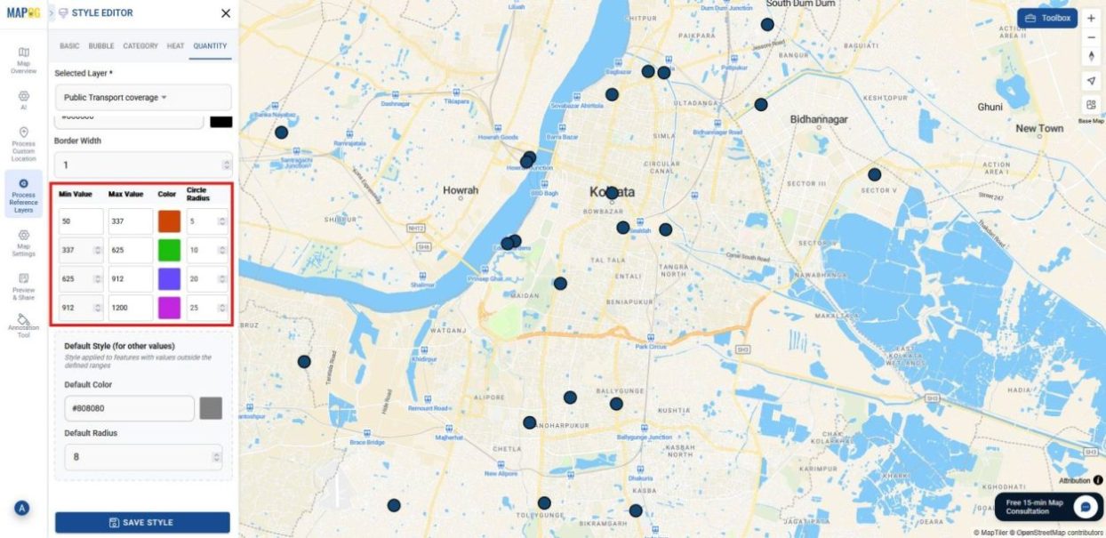 Shows adjusting minimum value and choosing colors and radius to differentiate frequency.