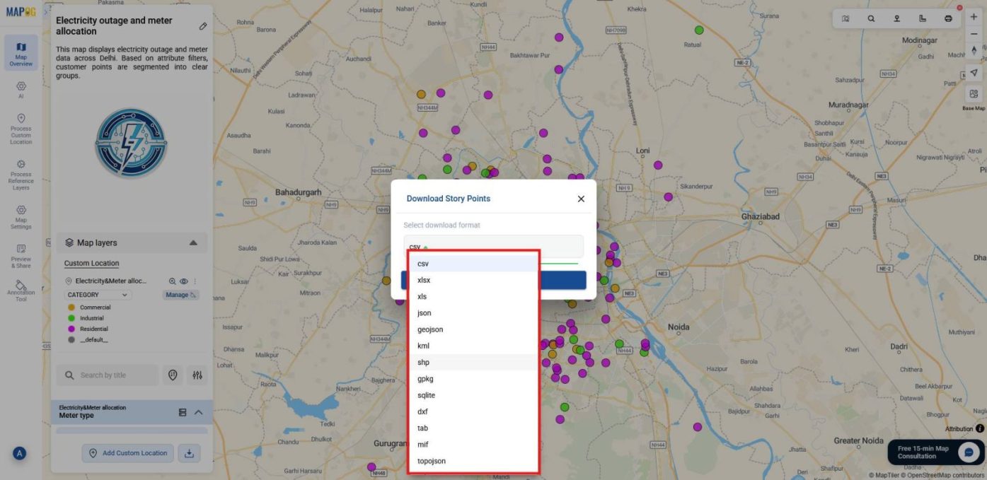 Panel with format options (CSV, XLSX, GeoJSON, KML, PNG) to download the you mapped data.