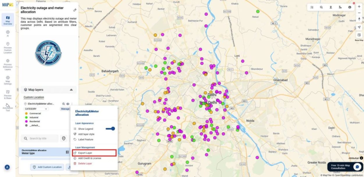 Showing Layer Management section where export layer option is highlighted.