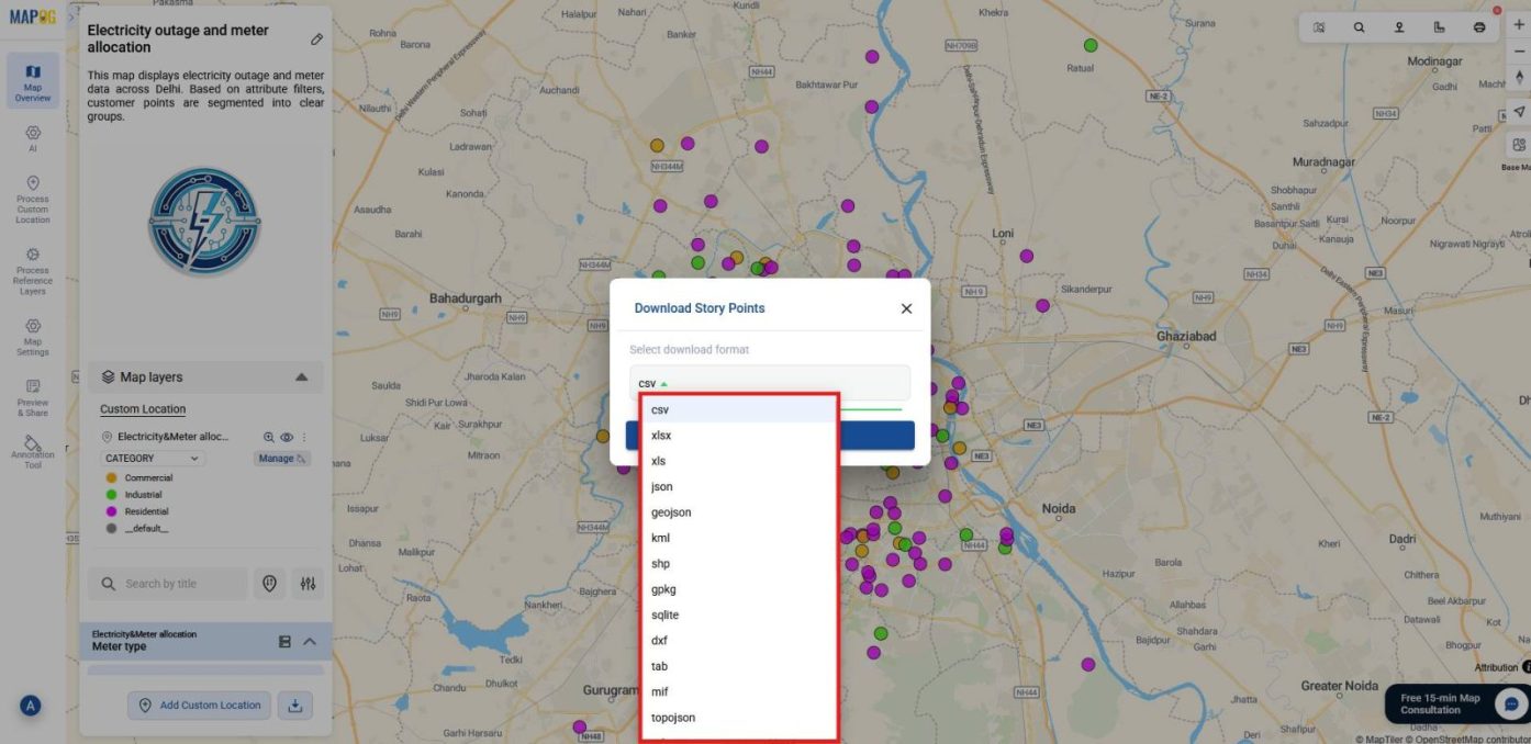 Showing all the formats in which the layer could be downloaded easily.