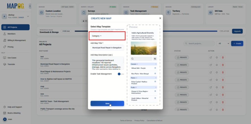 MAPOG map setup screen