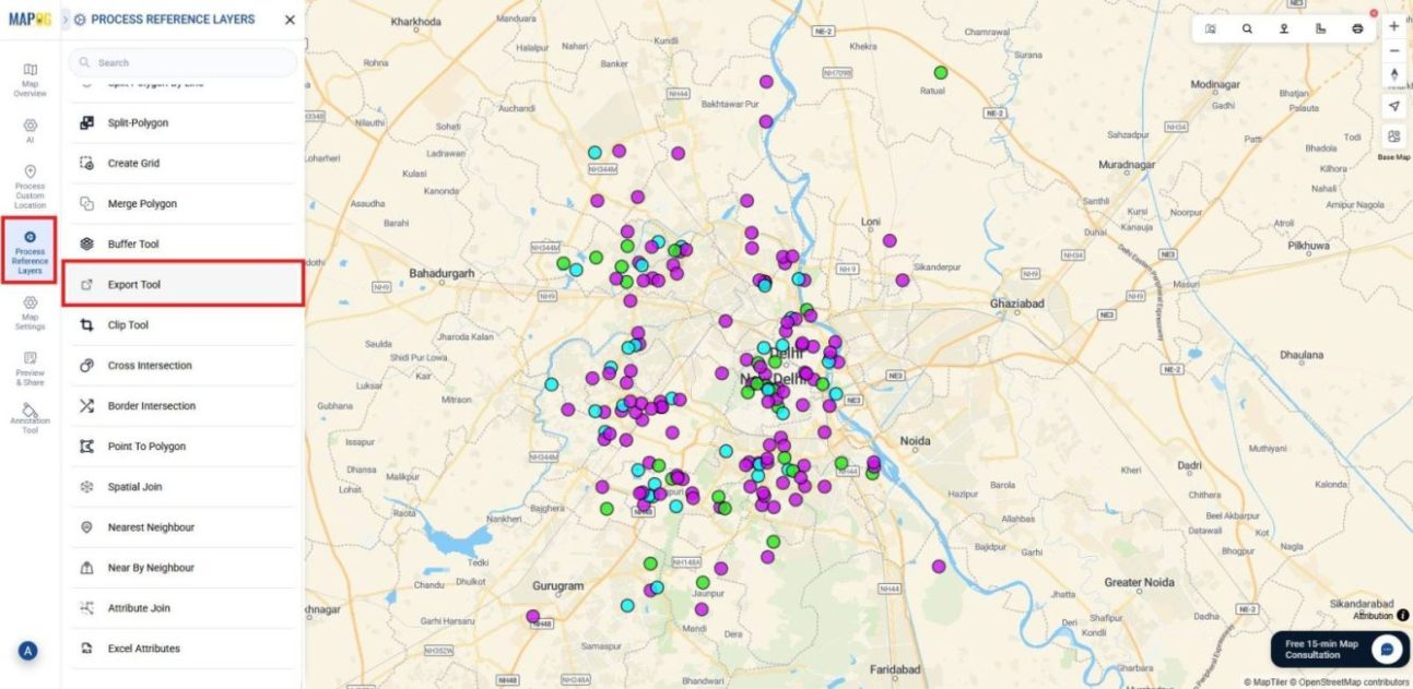 Highlighting the Process Reference Layer and export tool option within the section.