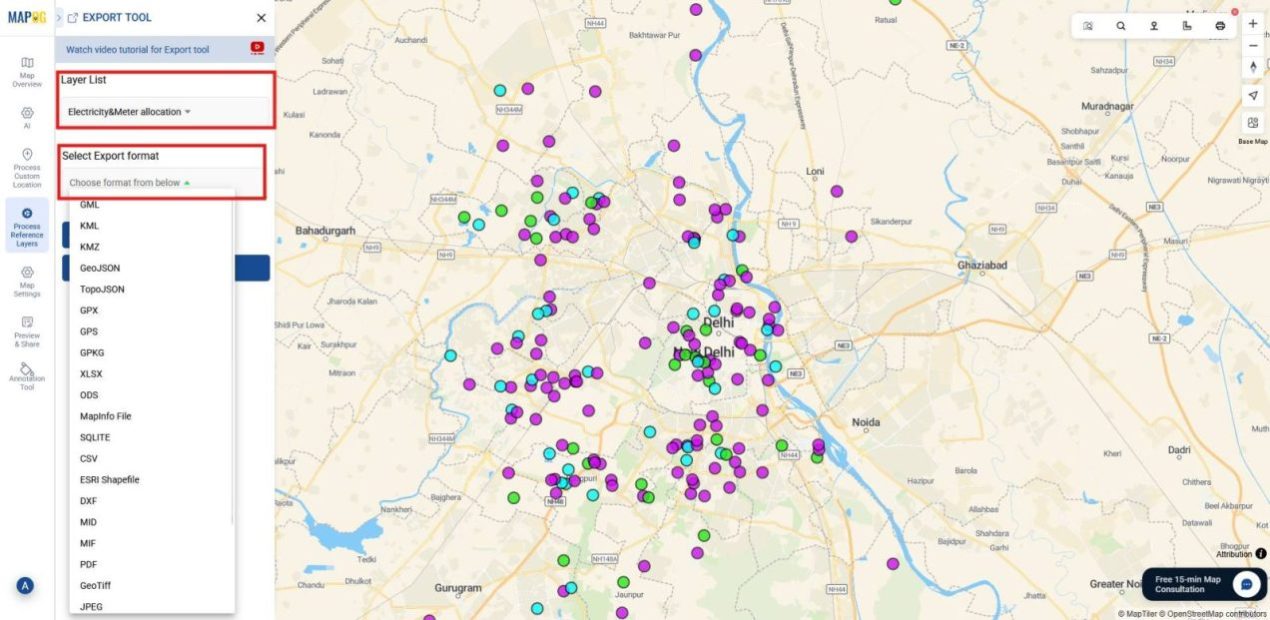 Export tool showing layer and format selection.