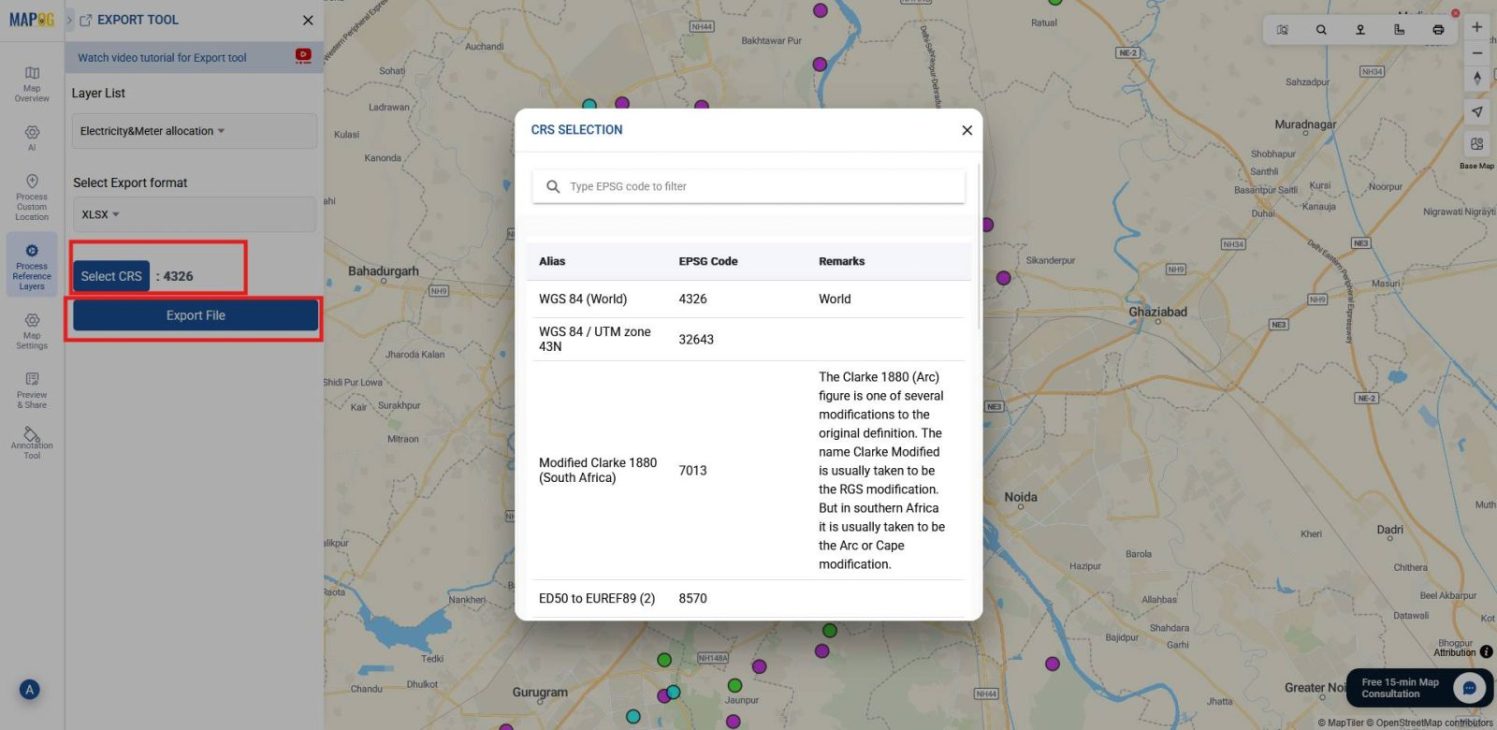 Interface showing CRS selection and then Export file option to download the you mapped data.
